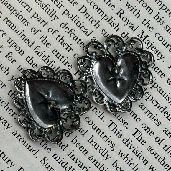 Silver Tone Ornate Framed Heart Stud Earrings - Picture 4 of 4